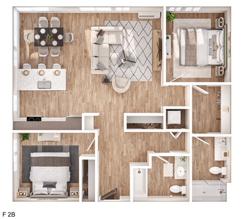Floor plan for 2 beds, 2 baths, 1066 sqft